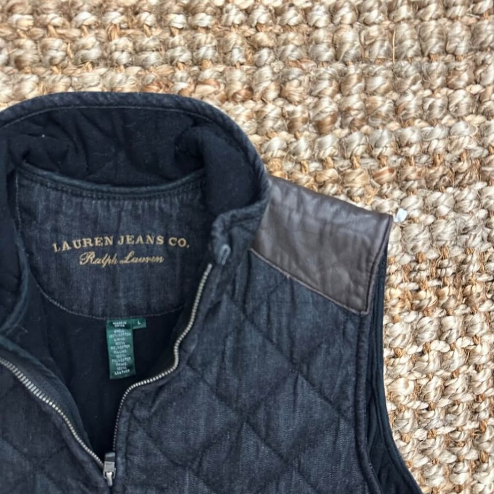 Ralph Lauren Quilted Denim Vest in Dark Blue with Brown Shoulder Patch